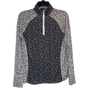 RLX Ralph Lauren Women's Black White Floral 1/4 Zip Stretch Pullover Shirt Top M